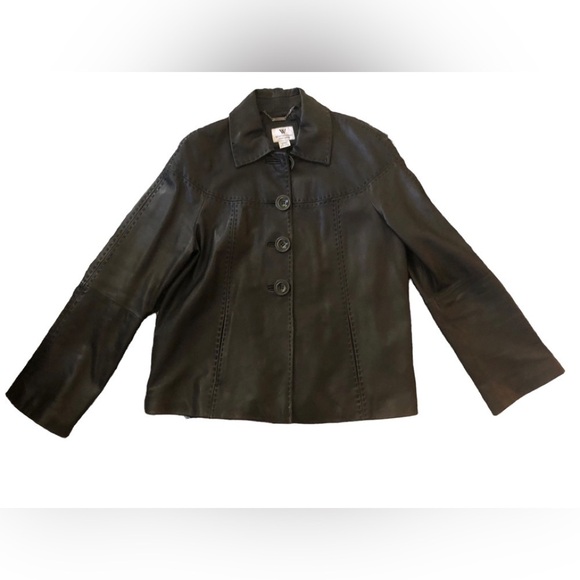 Worthington 100% Lambskin Leather Button Up Jacket Coat L Lined Black Stitching - Picture 1 of 6